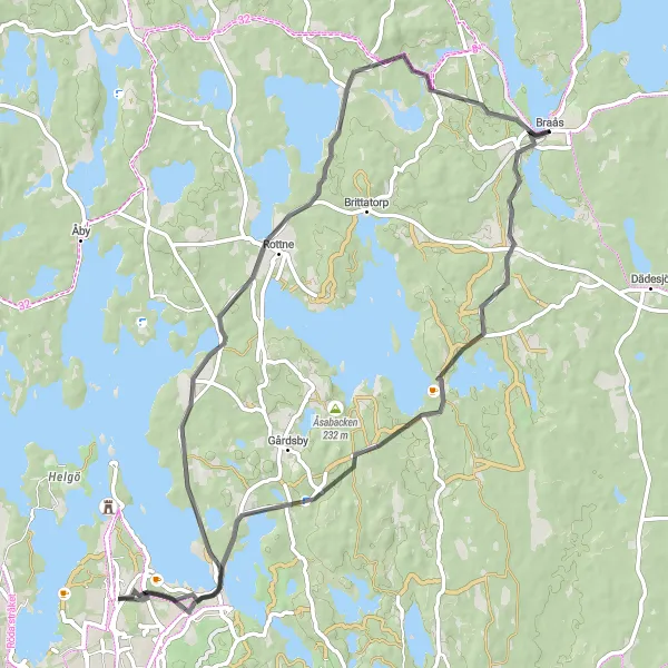 Kartminiatyr av "Stojby till Rottne via Braås Road Cycling Route" cykelinspiration i Småland med öarna, Sweden. Genererad av Tarmacs.app cykelruttplanerare