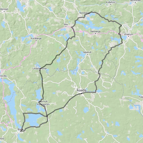 Kartminiatyr av "Braås till Åseda Road Cycling Adventure" cykelinspiration i Småland med öarna, Sweden. Genererad av Tarmacs.app cykelruttplanerare