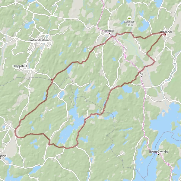 Map miniature of "Bredaryd Loop" cycling inspiration in Småland med öarna, Sweden. Generated by Tarmacs.app cycling route planner