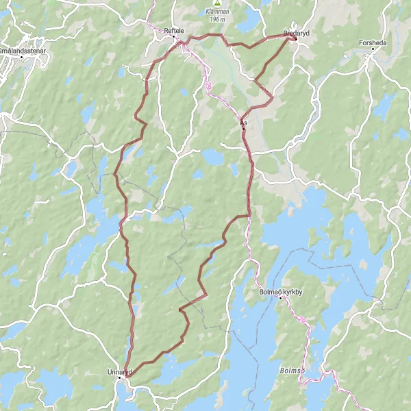 Map miniature of "Gravel Adventures in the Forests" cycling inspiration in Småland med öarna, Sweden. Generated by Tarmacs.app cycling route planner