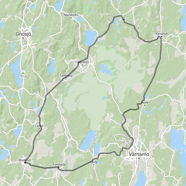 Kartminiatyr av "Svängande genom Småland" cykelinspiration i Småland med öarna, Sweden. Genererad av Tarmacs.app cykelruttplanerare