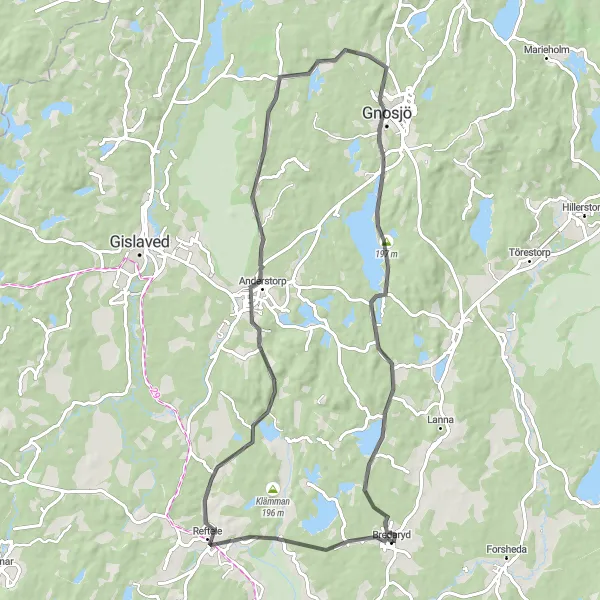 Map miniature of "Anderstorp Road Adventure" cycling inspiration in Småland med öarna, Sweden. Generated by Tarmacs.app cycling route planner