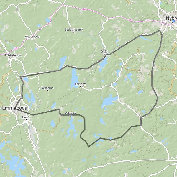 Map miniature of "Emmaboda, Alsjöholm, and Ödevata Route" cycling inspiration in Småland med öarna, Sweden. Generated by Tarmacs.app cycling route planner