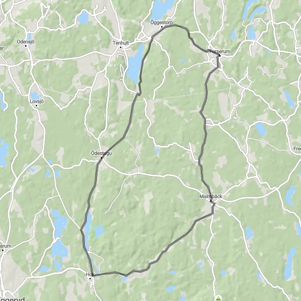 Kartminiatyr av "Smålands Kullar Road Loop" cykelinspiration i Småland med öarna, Sweden. Genererad av Tarmacs.app cykelruttplanerare