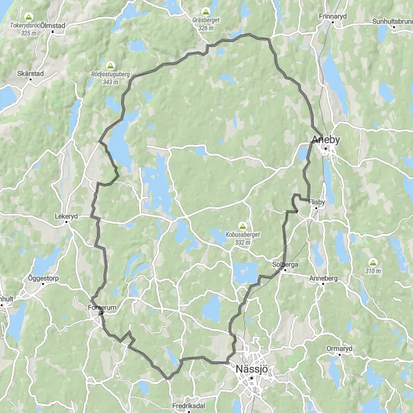 Kartminiatyr av "Haurida och Lommaryd Äventyrstur" cykelinspiration i Småland med öarna, Sweden. Genererad av Tarmacs.app cykelruttplanerare