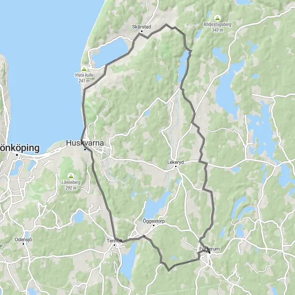 Kartminiatyr av "Tenhultasjön till Lustigkulle Cykelrunda" cykelinspiration i Småland med öarna, Sweden. Genererad av Tarmacs.app cykelruttplanerare