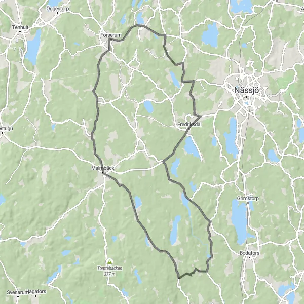 Map miniature of "The Havrida-Malmbäck Ride" cycling inspiration in Småland med öarna, Sweden. Generated by Tarmacs.app cycling route planner