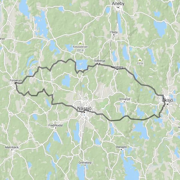 Map miniature of "The Eksjö-Nässjö Adventure" cycling inspiration in Småland med öarna, Sweden. Generated by Tarmacs.app cycling route planner