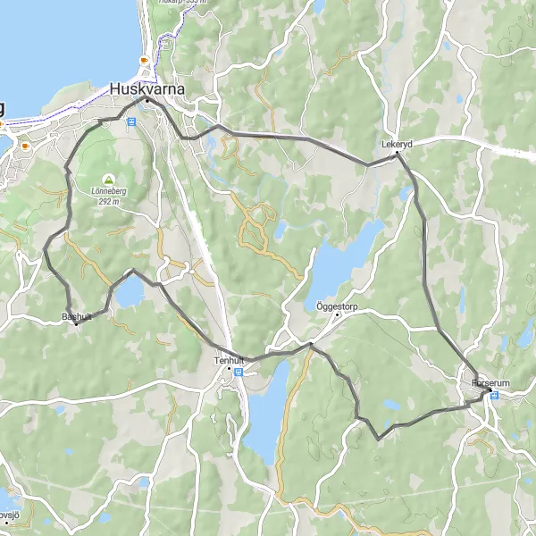 Map miniature of "The Lekeryd Challenge" cycling inspiration in Småland med öarna, Sweden. Generated by Tarmacs.app cycling route planner