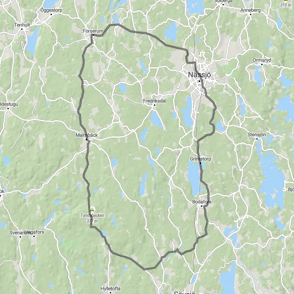 Map miniature of "The Nässjö Road Discovery" cycling inspiration in Småland med öarna, Sweden. Generated by Tarmacs.app cycling route planner
