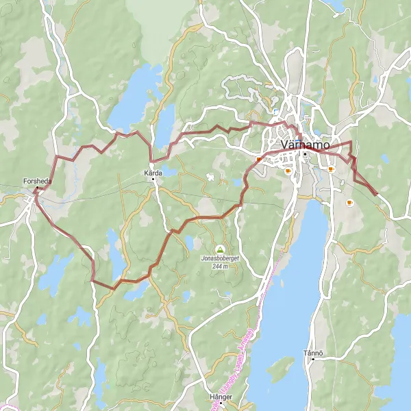 Kartminiatyr av "Äventyr genom Kärda och Värnamo" cykelinspiration i Småland med öarna, Sweden. Genererad av Tarmacs.app cykelruttplanerare