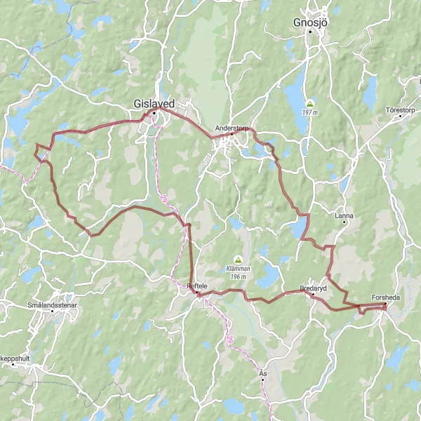 Map miniature of "Bredaryd - Reftele - Anderstorp - Forsheda" cycling inspiration in Småland med öarna, Sweden. Generated by Tarmacs.app cycling route planner