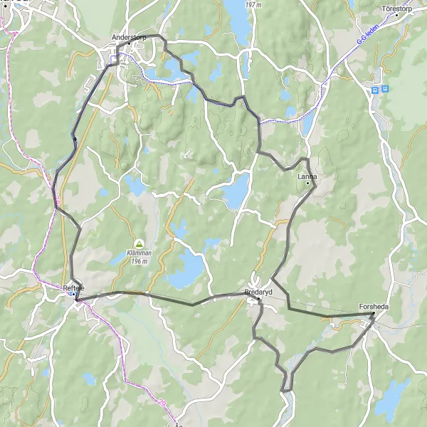 Map miniature of "Bredaryd - Reftele - Anderstorp - Forsheda" cycling inspiration in Småland med öarna, Sweden. Generated by Tarmacs.app cycling route planner