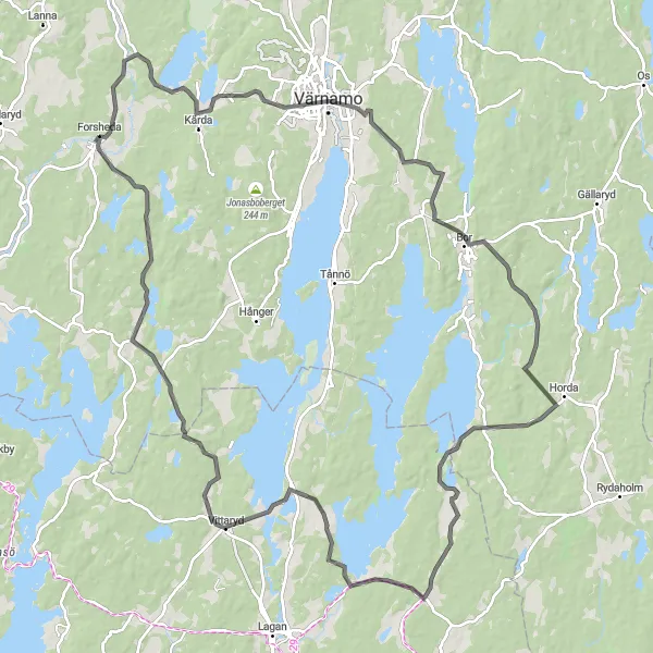 Map miniature of "Kärda Loop" cycling inspiration in Småland med öarna, Sweden. Generated by Tarmacs.app cycling route planner