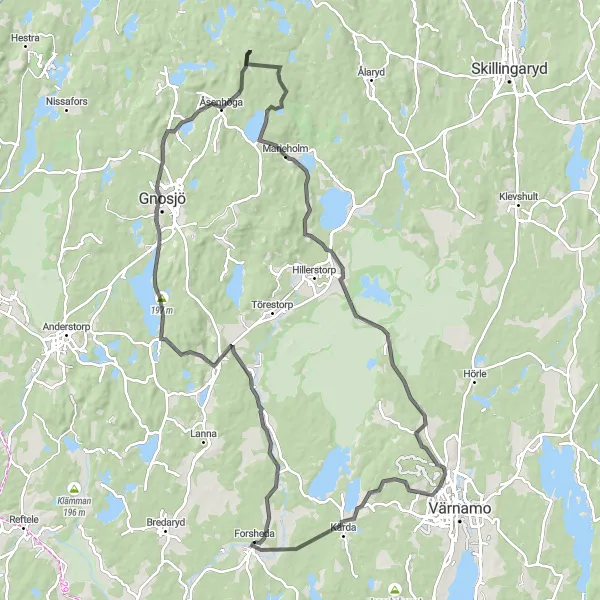 Kartminiatyr av "Landsväg Kulltorp-Store Mosse" cykelinspiration i Småland med öarna, Sweden. Genererad av Tarmacs.app cykelruttplanerare