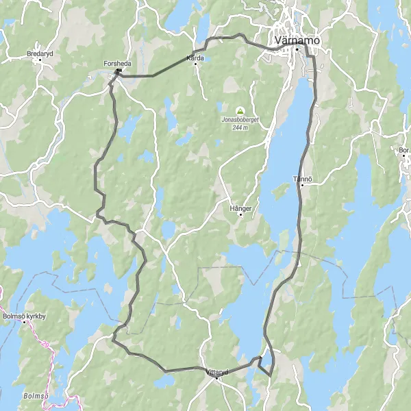 Map miniature of "Vittaryd Exploration" cycling inspiration in Småland med öarna, Sweden. Generated by Tarmacs.app cycling route planner