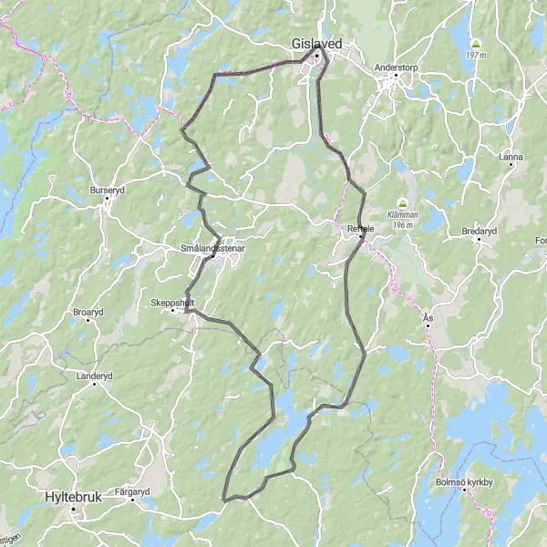 Kartminiatyr av "Landsvägar och grönskande fält" cykelinspiration i Småland med öarna, Sweden. Genererad av Tarmacs.app cykelruttplanerare