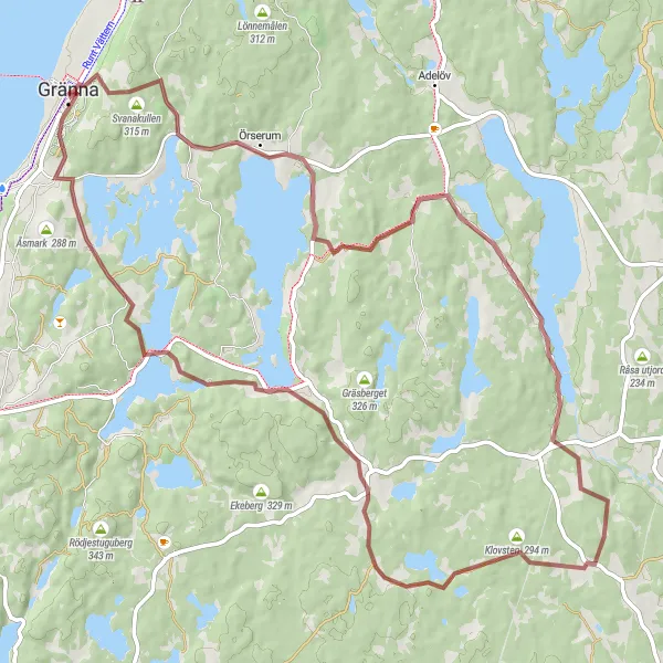 Kartminiatyr av "Äventyr på grusvägar runt Gränna" cykelinspiration i Småland med öarna, Sweden. Genererad av Tarmacs.app cykelruttplanerare