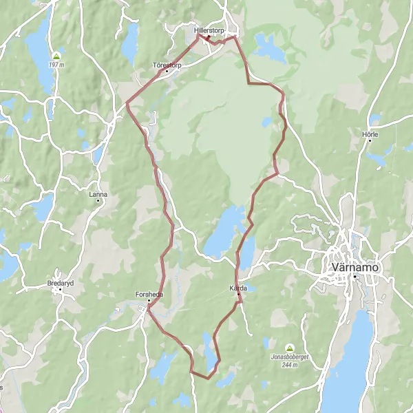 Map miniature of "Gravel Adventure: Hillerstorp to Forsheda" cycling inspiration in Småland med öarna, Sweden. Generated by Tarmacs.app cycling route planner