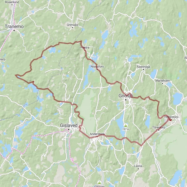 Map miniature of "Scenic Gravel Route: Hillerstorp to Gnosjö" cycling inspiration in Småland med öarna, Sweden. Generated by Tarmacs.app cycling route planner