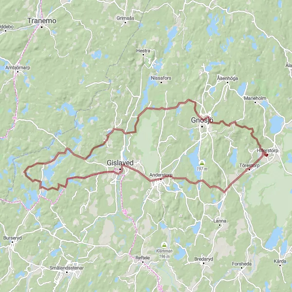 Map miniature of "Majsjön to Gnosjö Gravel Challenge" cycling inspiration in Småland med öarna, Sweden. Generated by Tarmacs.app cycling route planner