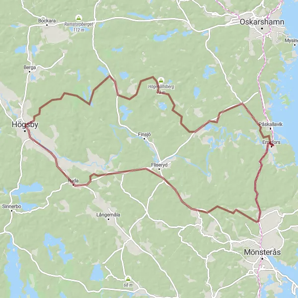 Map miniature of "Högsby and Fliseryd Gravel Loop" cycling inspiration in Småland med öarna, Sweden. Generated by Tarmacs.app cycling route planner