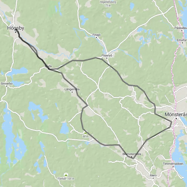 Kartminiatyr av "Blomstrande Blomstermåla runda" cykelinspiration i Småland med öarna, Sweden. Genererad av Tarmacs.app cykelruttplanerare