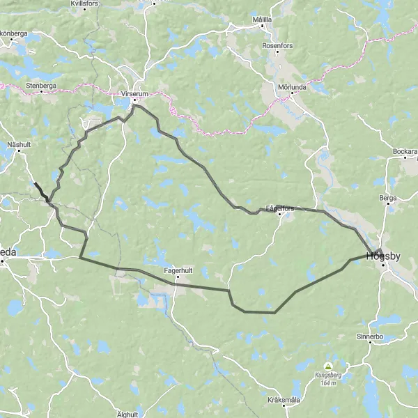 Kartminiatyr av "Södra Högsby äventyr" cykelinspiration i Småland med öarna, Sweden. Genererad av Tarmacs.app cykelruttplanerare