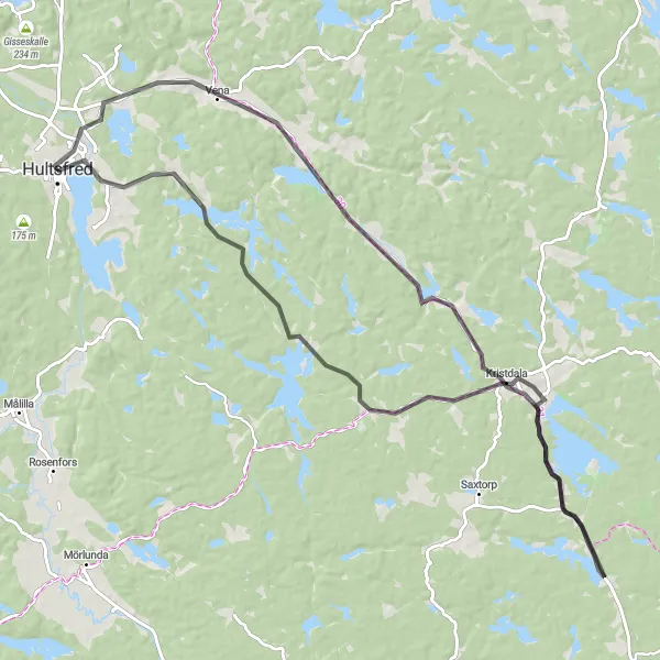 Kartminiatyr av "Vackra Vägar runt Hultsfred" cykelinspiration i Småland med öarna, Sweden. Genererad av Tarmacs.app cykelruttplanerare
