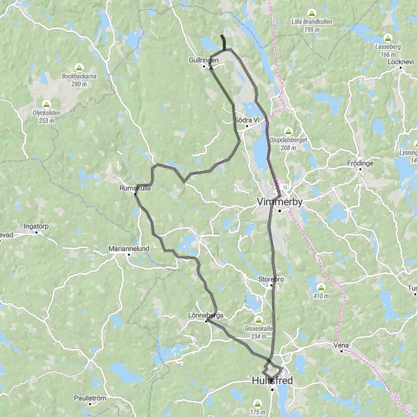 Map miniature of "Lönneberga - Sevedstorp - Rumskulla - Vimmerby - Storebro" cycling inspiration in Småland med öarna, Sweden. Generated by Tarmacs.app cycling route planner