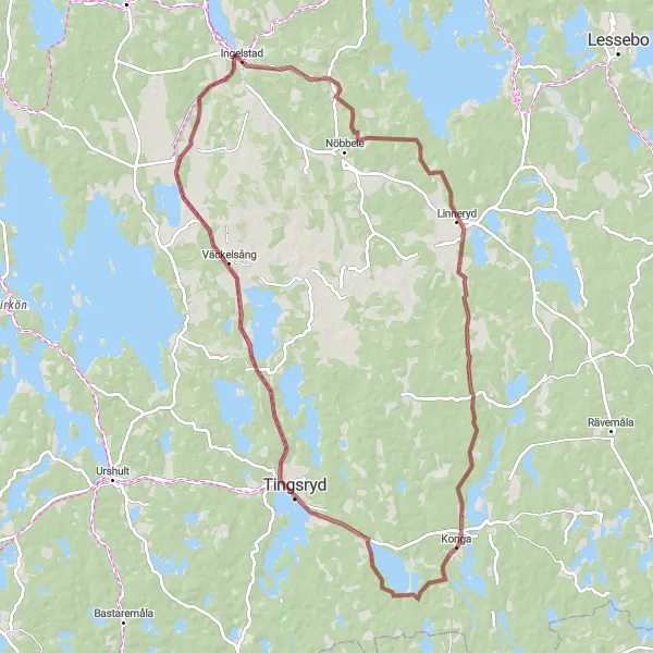 Map miniature of "Ingelstad-Konga-Tingsryd Loop" cycling inspiration in Småland med öarna, Sweden. Generated by Tarmacs.app cycling route planner