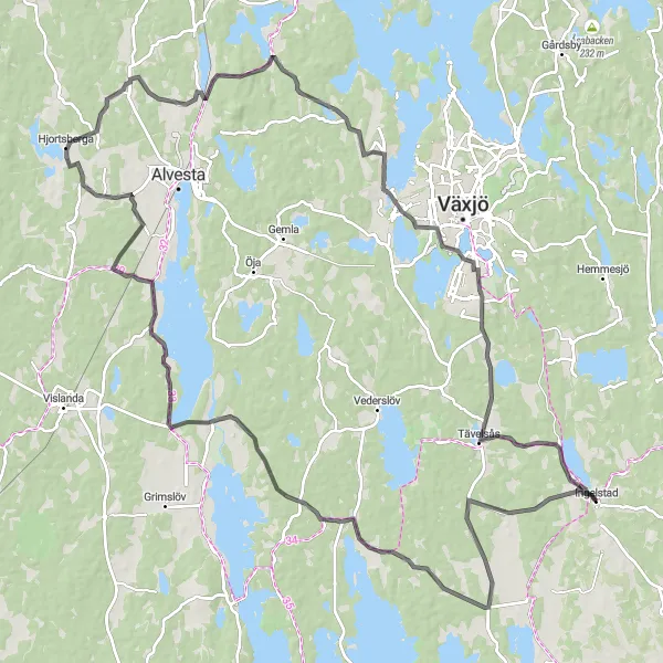 Kartminiatyr av "Cykling från Ingelstad till Hjortsberga och Lekaryd" cykelinspiration i Småland med öarna, Sweden. Genererad av Tarmacs.app cykelruttplanerare