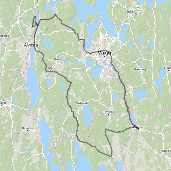 Map miniature of "Kalvsvik-Sjölyckan-Härlöv-Teleborg's Castle Route" cycling inspiration in Småland med öarna, Sweden. Generated by Tarmacs.app cycling route planner