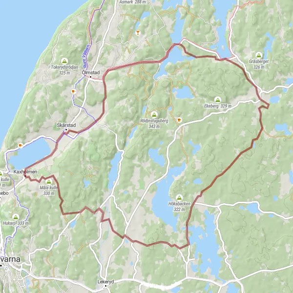 Kartminiatyr av "Grusväg genom skog och sjöar" cykelinspiration i Småland med öarna, Sweden. Genererad av Tarmacs.app cykelruttplanerare