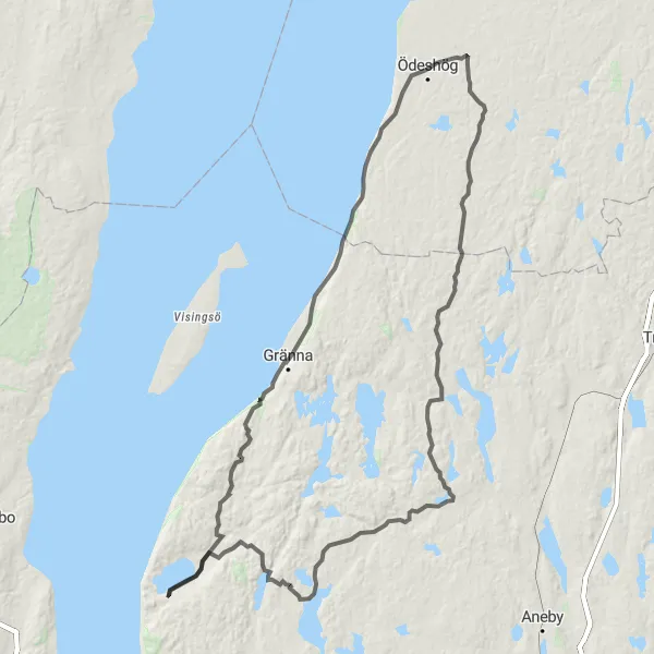 Kartminiatyr av "Äventyrlig naturupplevelse runt Småland" cykelinspiration i Småland med öarna, Sweden. Genererad av Tarmacs.app cykelruttplanerare