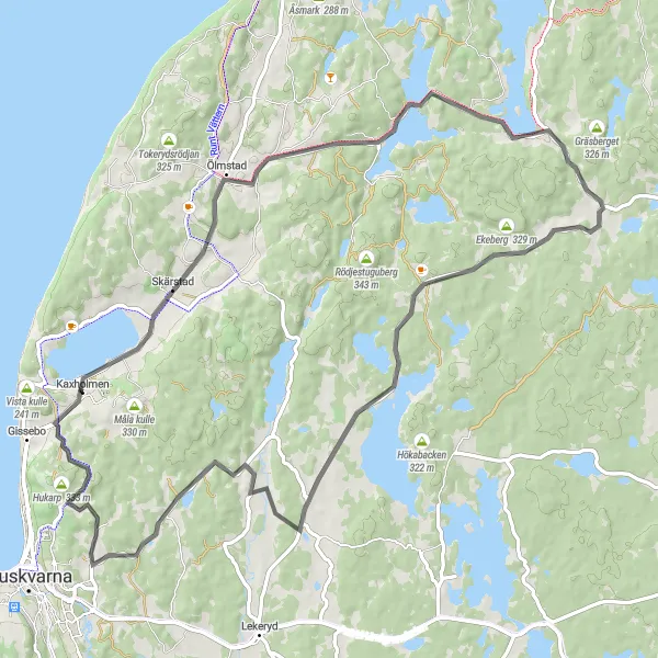 Map miniature of "Ekeberg and Haurida Loop" cycling inspiration in Småland med öarna, Sweden. Generated by Tarmacs.app cycling route planner