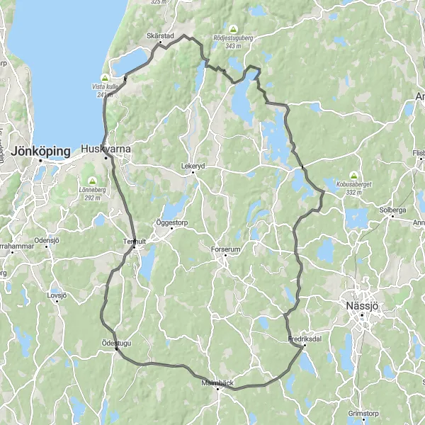 Kartminiatyr av "Äventyrlig rutt genom Smålands landskap" cykelinspiration i Småland med öarna, Sweden. Genererad av Tarmacs.app cykelruttplanerare