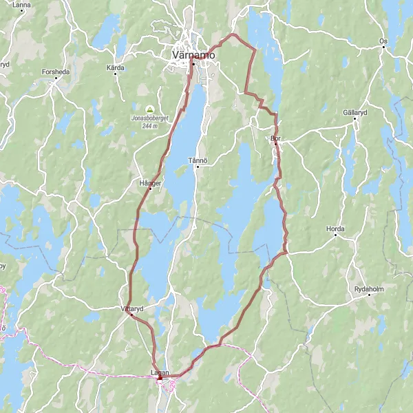 Kartminiatyr av "Grusvägarna runt Lagan" cykelinspiration i Småland med öarna, Sweden. Genererad av Tarmacs.app cykelruttplanerare
