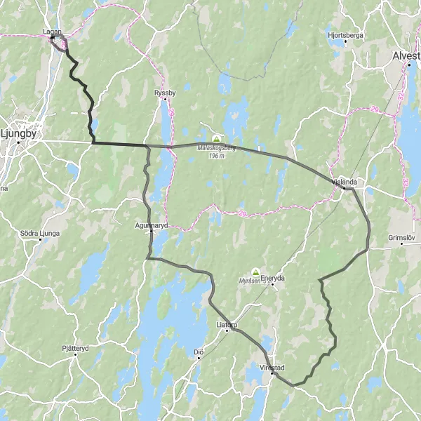 Kartminiatyr av "Målaskogsberg loop från Lagan" cykelinspiration i Småland med öarna, Sweden. Genererad av Tarmacs.app cykelruttplanerare