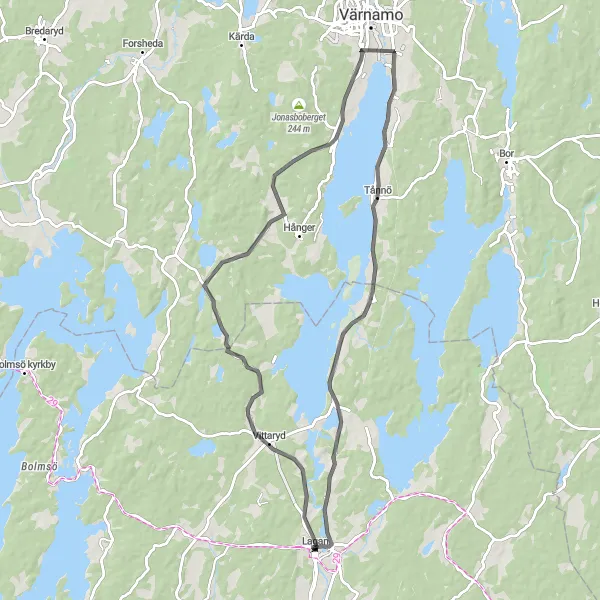 Kartminiatyr av "Vittaryd - Kylahov - Toftaholm - Lagan - Vittaryd" cykelinspiration i Småland med öarna, Sweden. Genererad av Tarmacs.app cykelruttplanerare