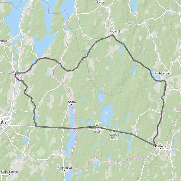 Kartminiatyr av "Lagan - Rydaholm - Hjortsberga - Kroksnäs" cykelinspiration i Småland med öarna, Sweden. Genererad av Tarmacs.app cykelruttplanerare