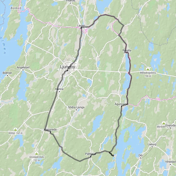 Kartminiatyr av "Ryssby - Agunnaryd - Pjätteryd - Ljungby - Hjortsberg - Lagan - Ryssby" cykelinspiration i Småland med öarna, Sweden. Genererad av Tarmacs.app cykelruttplanerare