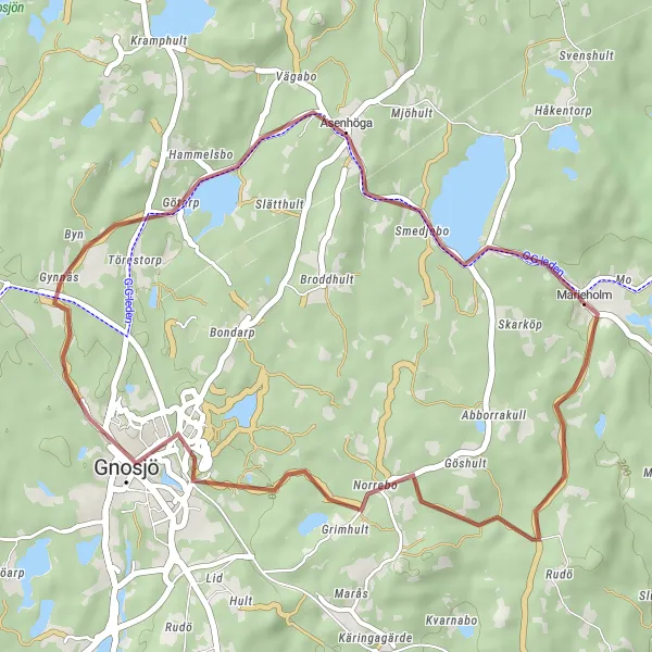 Map miniature of "Marieholm to Gnosjö Gravel Route" cycling inspiration in Småland med öarna, Sweden. Generated by Tarmacs.app cycling route planner