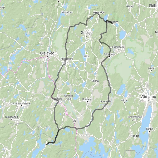 Map miniature of "Marieholm to Åsenhöga Road Route" cycling inspiration in Småland med öarna, Sweden. Generated by Tarmacs.app cycling route planner