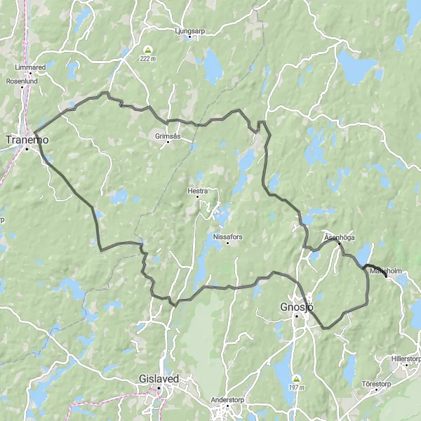 Map miniature of "The Nordic Road Adventure to Mossebo" cycling inspiration in Småland med öarna, Sweden. Generated by Tarmacs.app cycling route planner