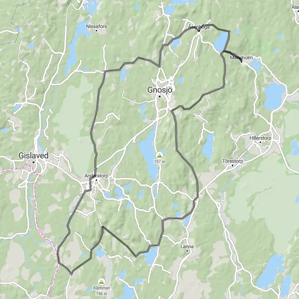 Map miniature of "Discover Anderstorp: The Captivating Road Journey" cycling inspiration in Småland med öarna, Sweden. Generated by Tarmacs.app cycling route planner