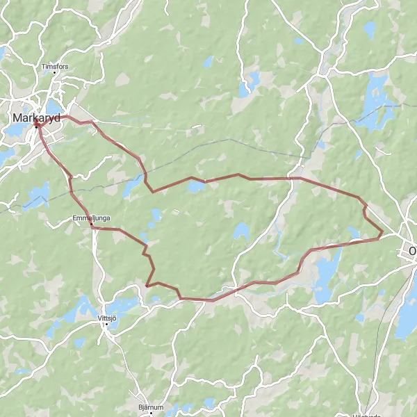 Map miniature of "Markaryd Loop" cycling inspiration in Småland med öarna, Sweden. Generated by Tarmacs.app cycling route planner