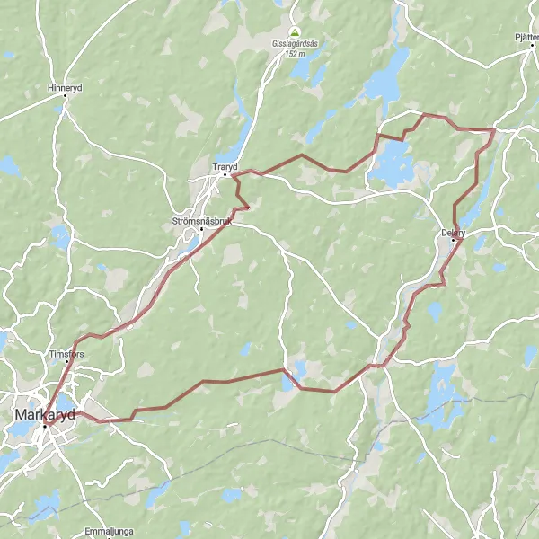 Kartminiatyr av "Skogsområden och små byar i Strömsnäsbruk och Hallaryd" cykelinspiration i Småland med öarna, Sweden. Genererad av Tarmacs.app cykelruttplanerare