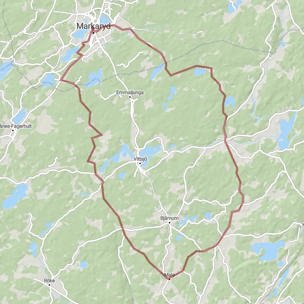 Map miniature of "Markaryd to Mala Gravel Route" cycling inspiration in Småland med öarna, Sweden. Generated by Tarmacs.app cycling route planner