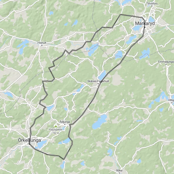 Kartminiatyr av "Skånes Värsjö till Markaryd Landsvägscykeltur" cykelinspiration i Småland med öarna, Sweden. Genererad av Tarmacs.app cykelruttplanerare